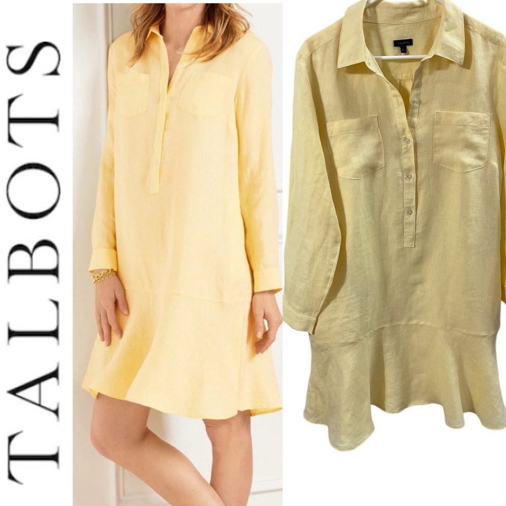 Talbots Yellow 100% Linen long sleeve ruffle-hem Shirtdress Size Large.